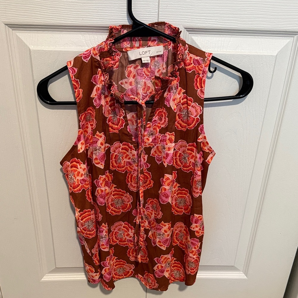 LOFT Brown Floral Sleeveless Ruffle-Trim Cami with Pink and Coral Blooms